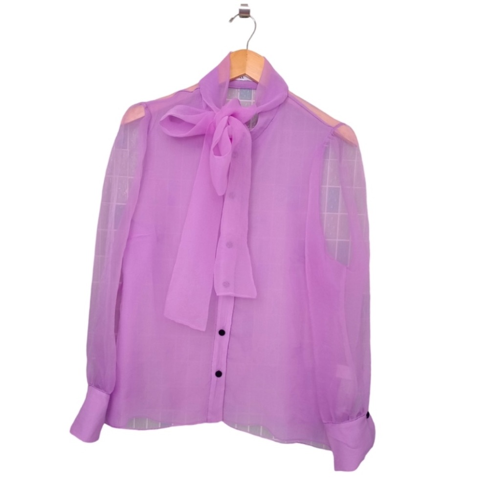 ZARA SHEER ORGANZA BLOUSE TOP W/ BOW TIE PUFF SLEEVE PURPLE
